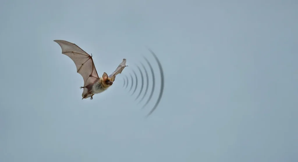 Un liliac în zbor, emitând unde sonore.