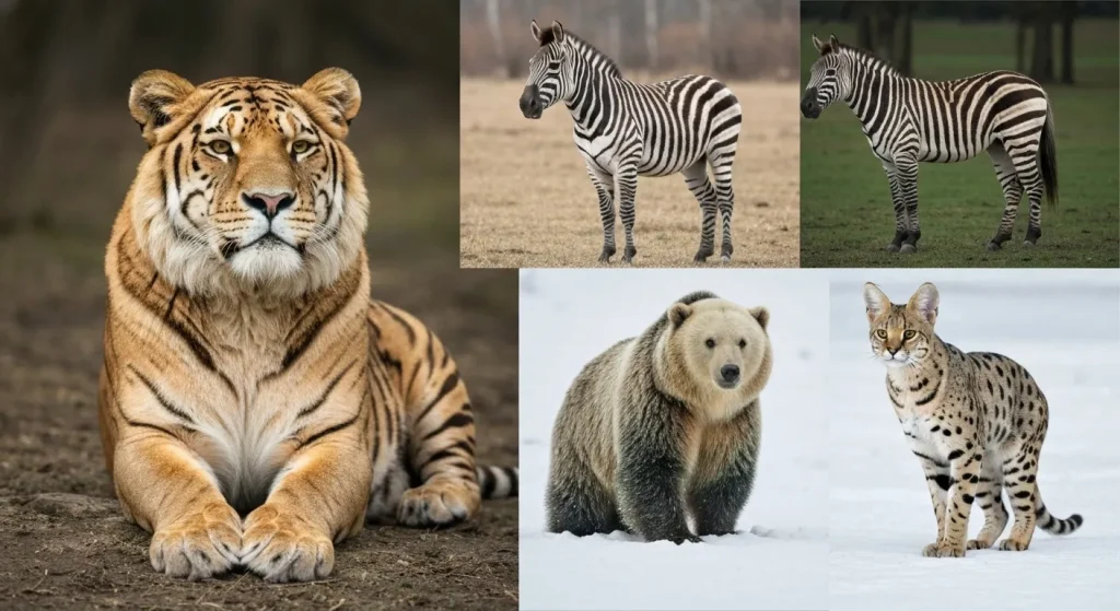 Un hibrid de leu și tigru, un liger, se odihnește într-un peisaj natural.