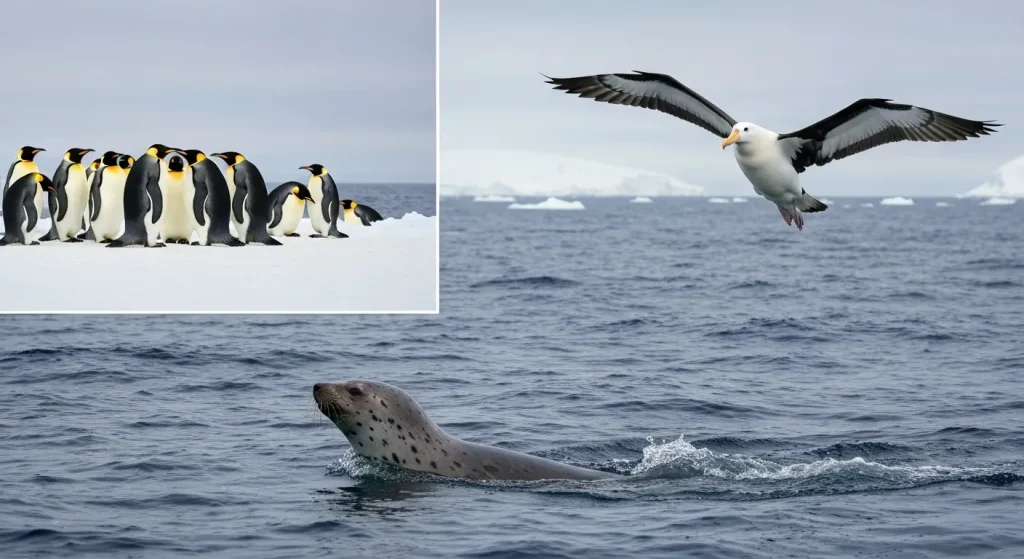 Un grup de pinguini imperiali pe gheața antarctică, alături de o focă leopard în apă și un albatros zburând deasupra.