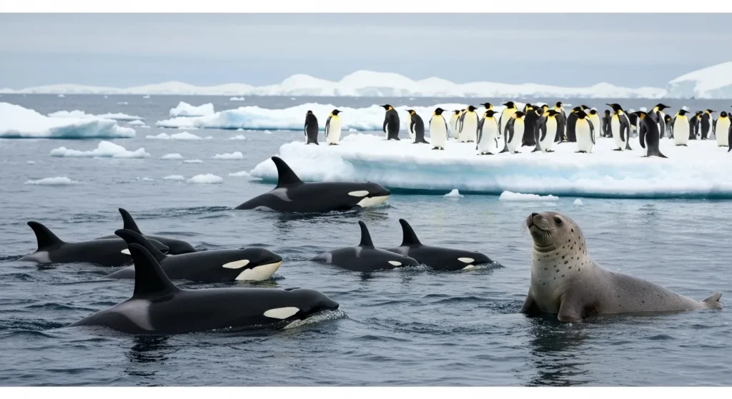 O imagine cu o balenă ucigașă înotând în apele antarctice, alături de un pinguin imperial și o focă leopard.
