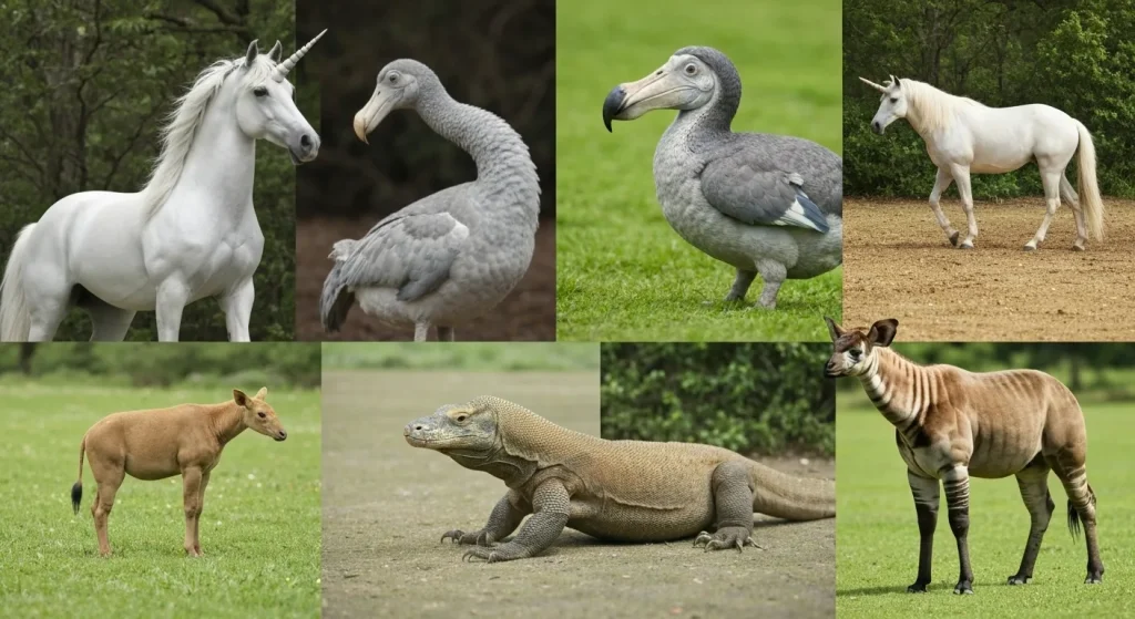 Imagini cu un unicorn, un dodo, un okapi, un dragon de Komodo și alte animale naționale neobișnuite.