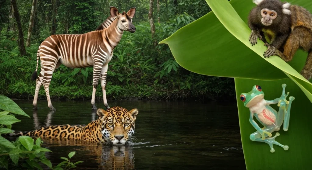 Jaguar, okapi, broască de sticlă, și marmoset în habitatul lor natural din pădurea tropicală.