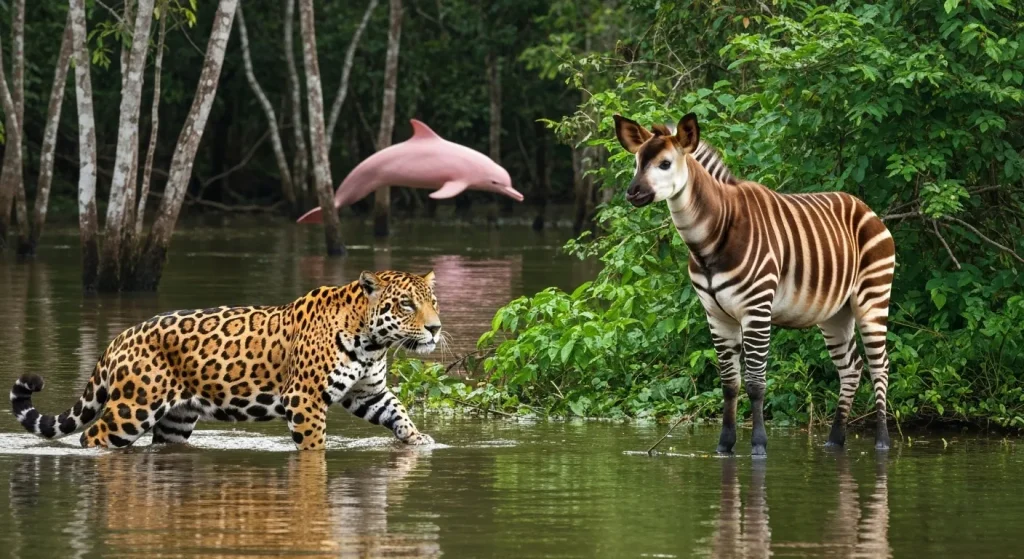 Jaguar în apă, okapi în pădure, delfin roz în râu.
