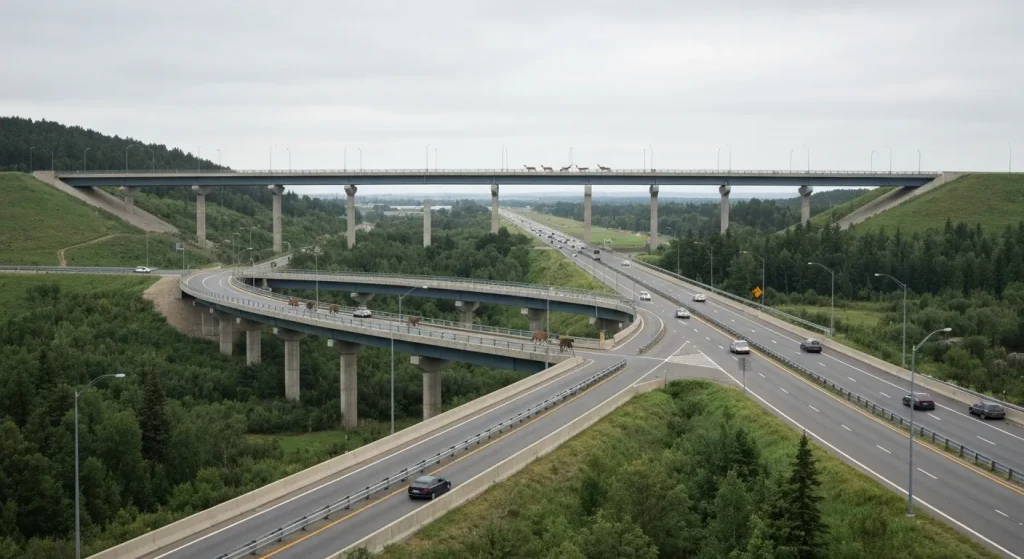 Poduri și tuneluri pentru animale sălbatice peste o autostradă, permițând trecerea în siguranță a faunei.