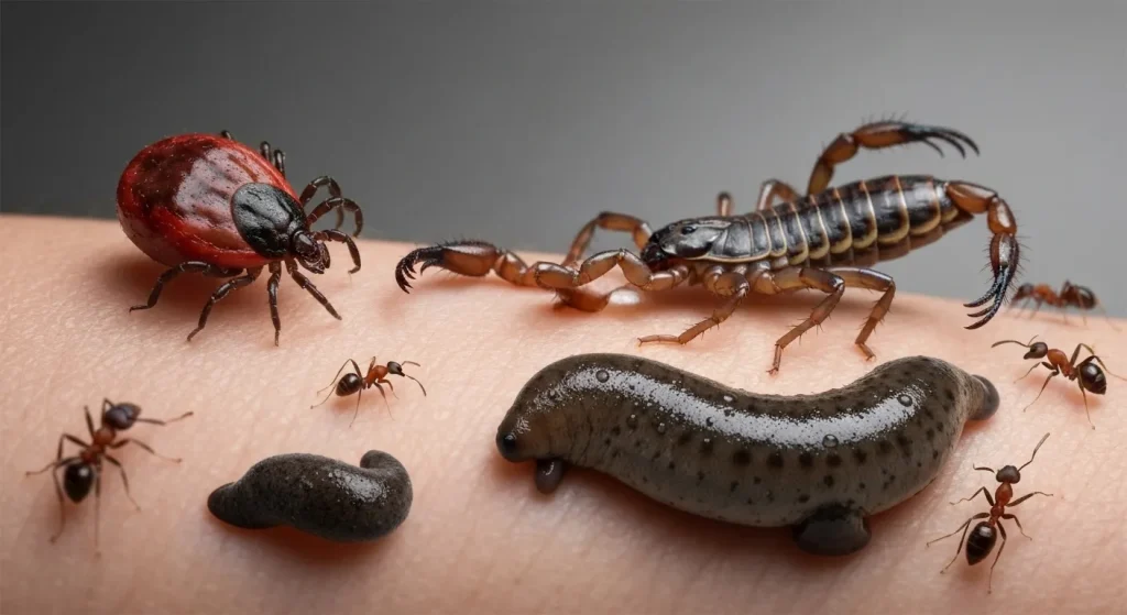 Imagini detaliate ale unei căpușe, a unui scorpion, a unei lipitori și a unor furnici, accentuând texturile și culorile acestora.