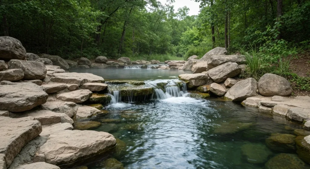 Izvoare termale naturale curgând printre stânci într-un parc național.