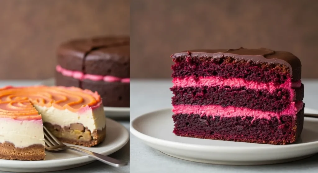 O fotografie cu un tort de sfeclă cu ciocolată, cu o culoare intensă și bogată, prezentând straturi vizibile.
