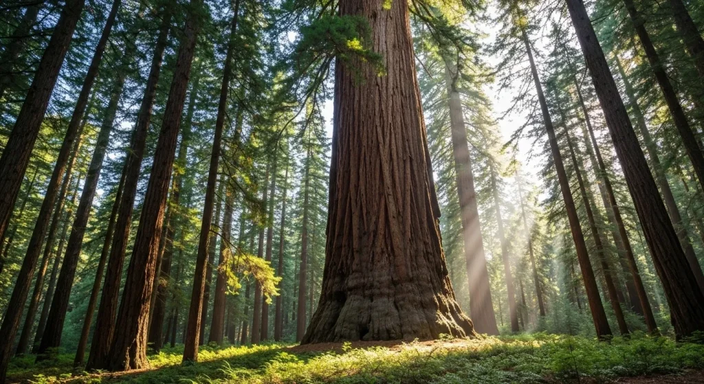 Un copac Sequoia uriaș, vechi de secole, în pădure.