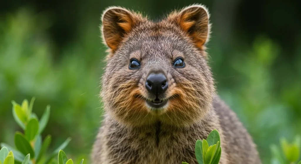 O quokka zâmbitoare, înconjurată de vegetație verde.