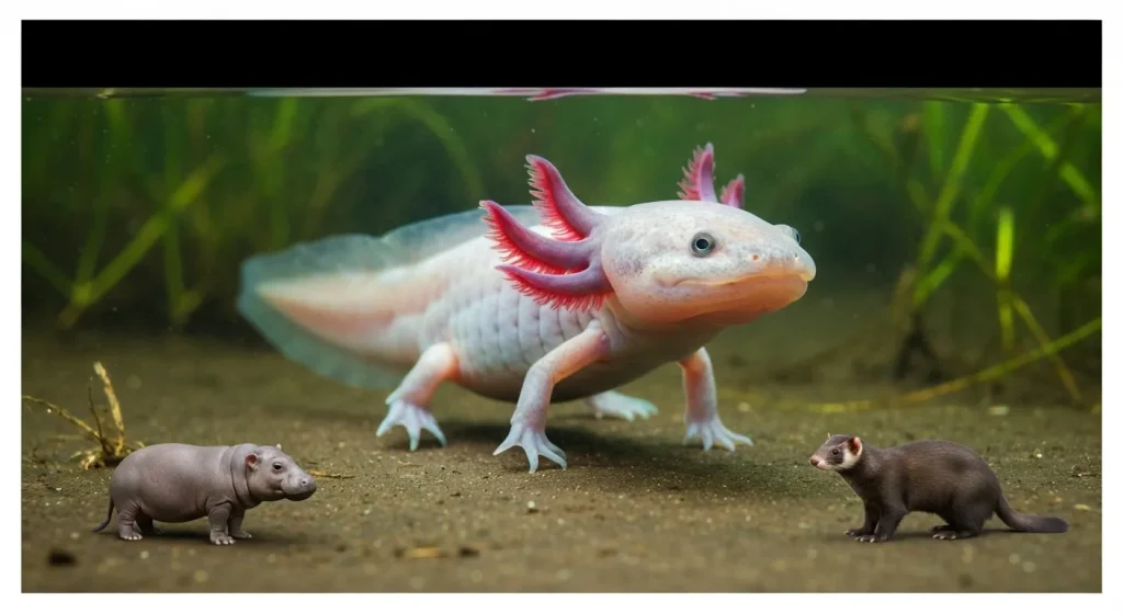 Un axolotl mexican într-un mediu acvatic, cu indicii subtile ale poluării sau speciilor invazive.