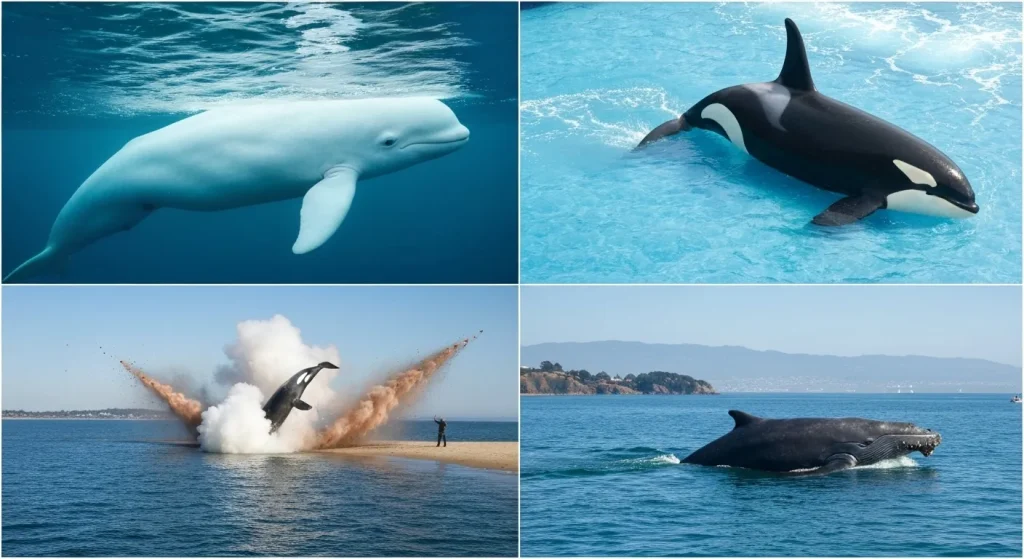 O imagine cu o balenă albă uriașă în ocean, similară cu Moby Dick.