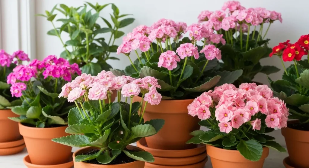 Diverse plante cu flori în ghivece de teracotă, expuse la lumină naturală.