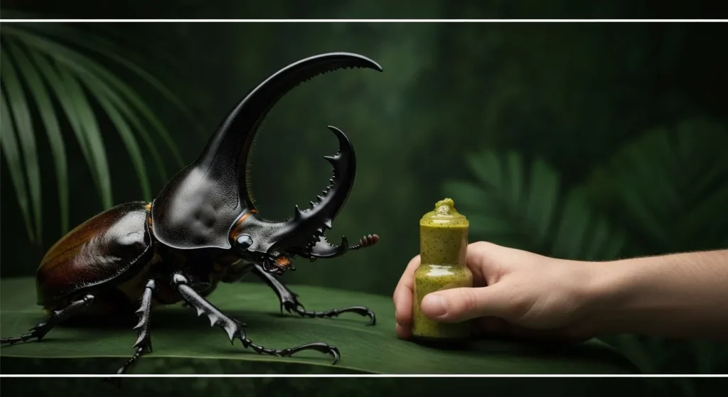 Un gândac Hercules (Dynastes hercules) de dimensiuni mari, cu cornul său proeminent, într-un mediu tropical.