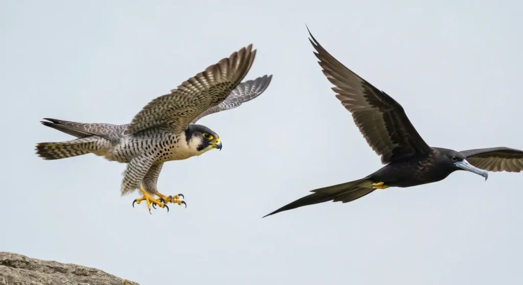 Un șoim peregrine în picaj, cu viteză mare, în cădere spre pământ.