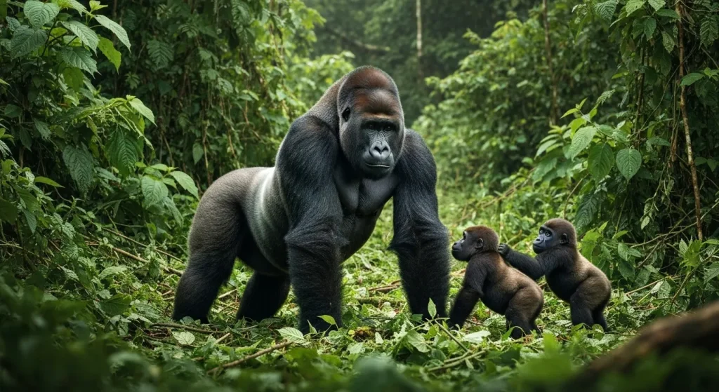 O gorilă silverback, înconjurată de membrii familiei sale, într-o pădure tropicală densă.