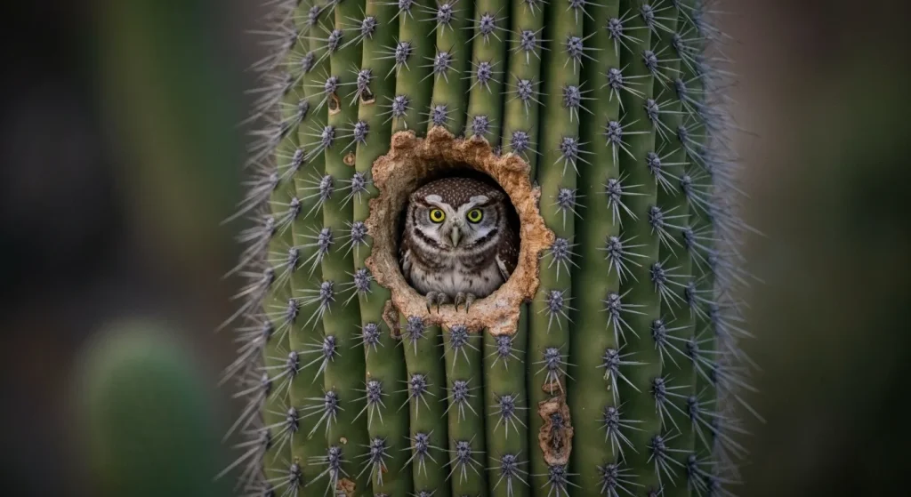 O bufniță-elf minusculă, așezată în gaura unui cactus saguaro.