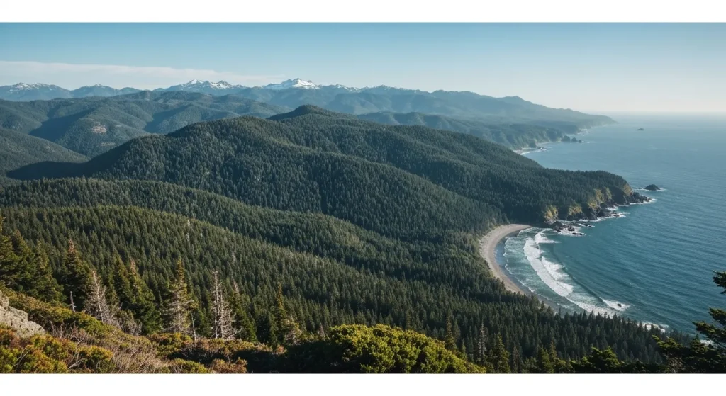 Peisaj montan cu ghețari, pădure tropicală temperată și coastă oceanică.