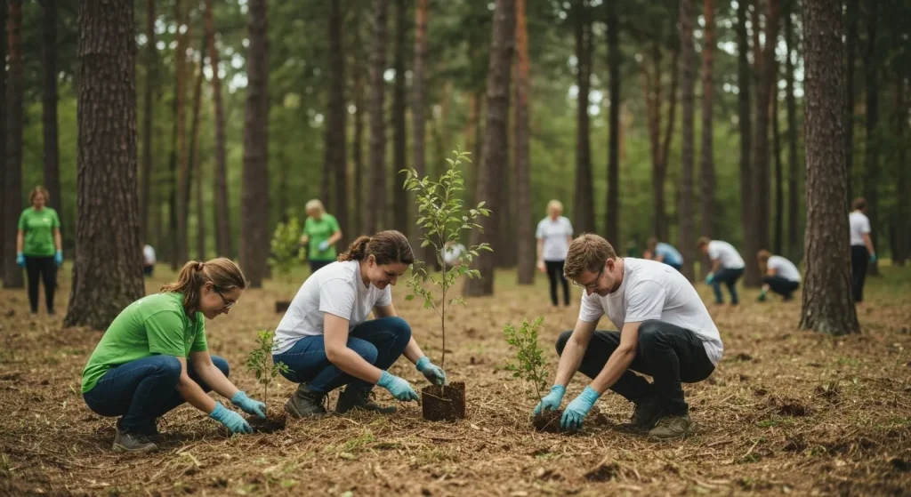 O imagine cu voluntari plantând copaci într-o zonă împădurită.