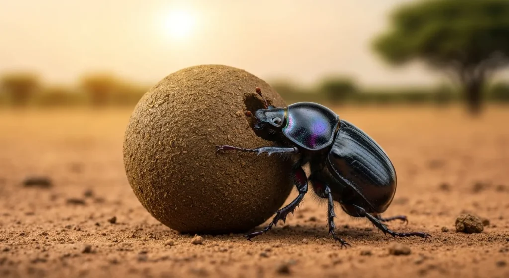 Un gândac de bălegar puternic rostogolește o sferă mare de bălegar peste un teren arid.