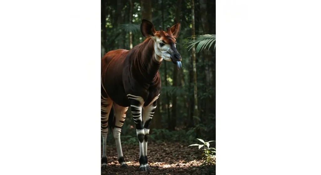 Un okapi în pădurea tropicală, cu dungile sale distinctive pe picioare și blana catifelată.