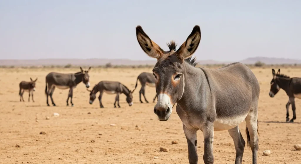 Un măgar cu urechi mari într-un peisaj arid și însorit.