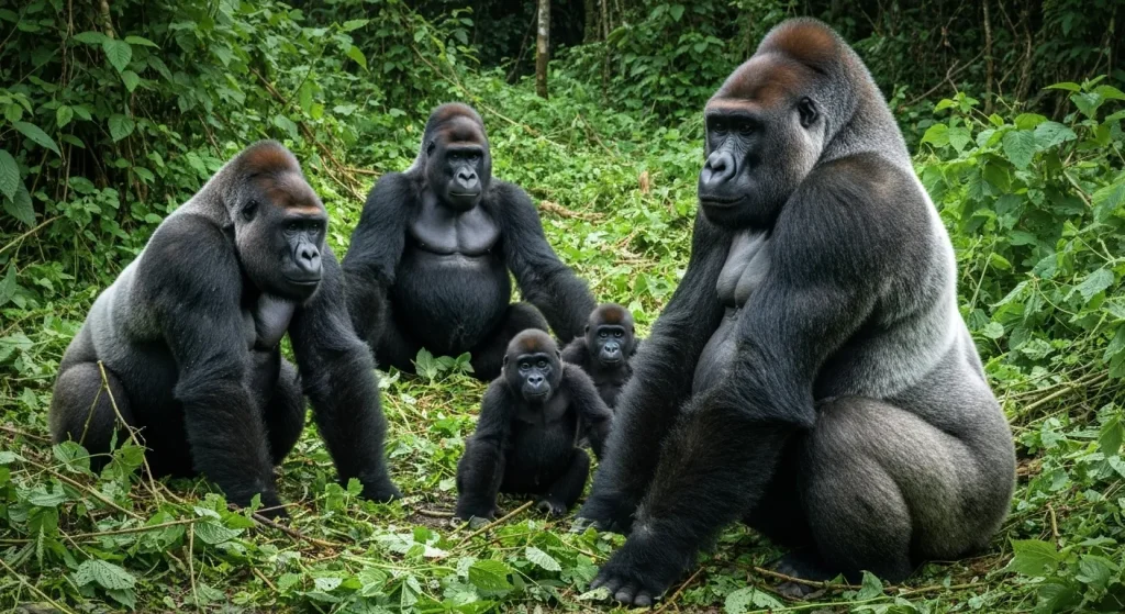 O gorilă silverback cu blană argintie pe spate stă în mijlocul unei familii de gorile într-o pădure tropicală densă.