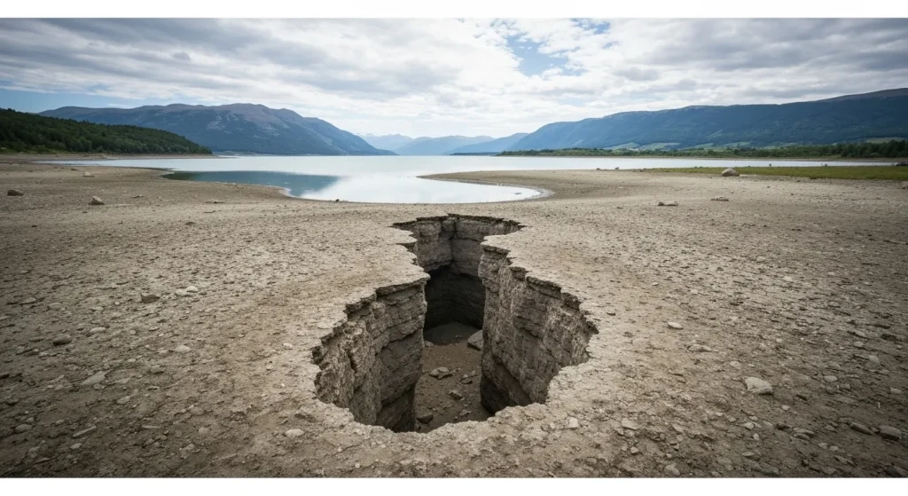 Un lac glaciar din Anzi dispare peste noapte, dezvăluind o albie uscată și o deschidere care duce sub pământ.