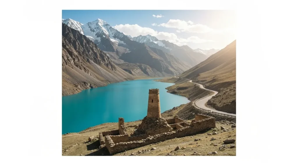 Peisaj montan spectaculos cu un lac turcoaz și ruine antice.