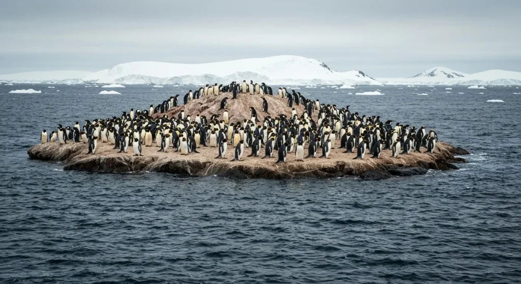 O colonie de pinguini pe o insulă stâncoasă, înconjurată de ocean.
