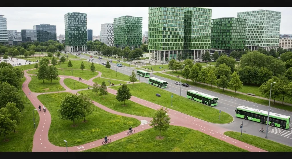 Un parc urban modern, cu alei pentru biciclete și clădiri ecologice, cu transport public electric în fundal.