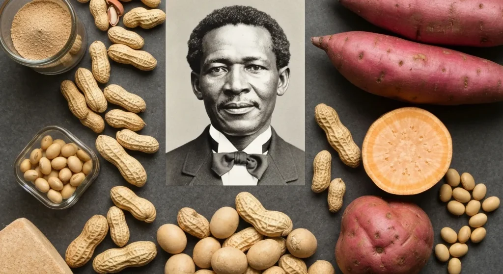 Un portret al lui George Washington Carver în laboratorul său, înconjurat de diverse produse derivate din arahide, soia și cartofi dulci.