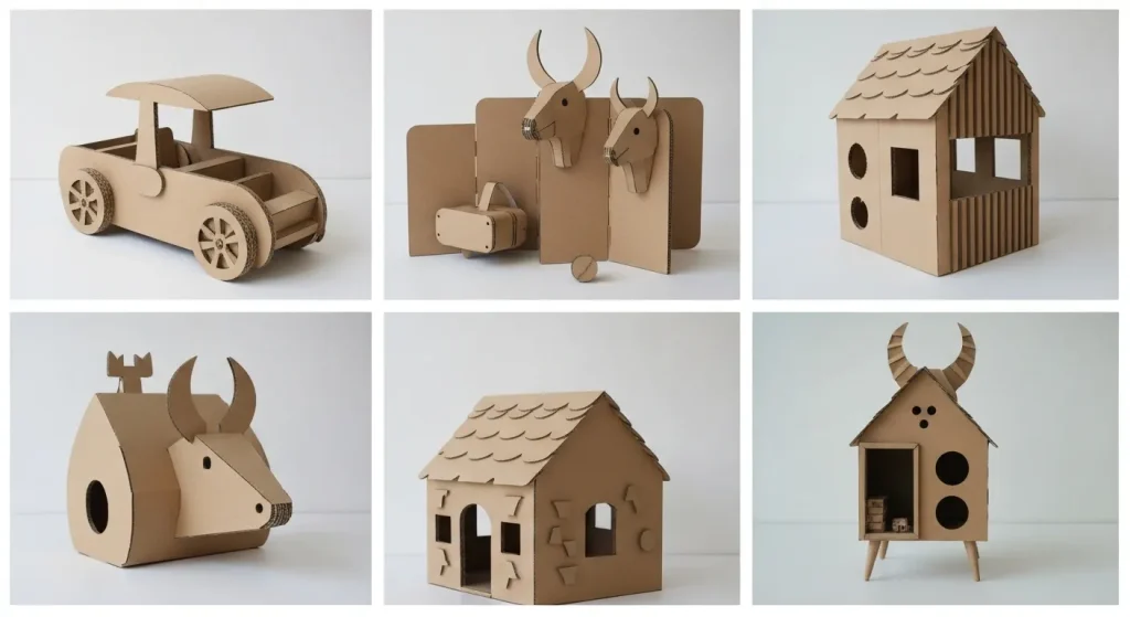 Diverse obiecte funcționale și decorative, construite din carton, inclusiv o mașină, un perete despărțitor și o casă pentru pisici.