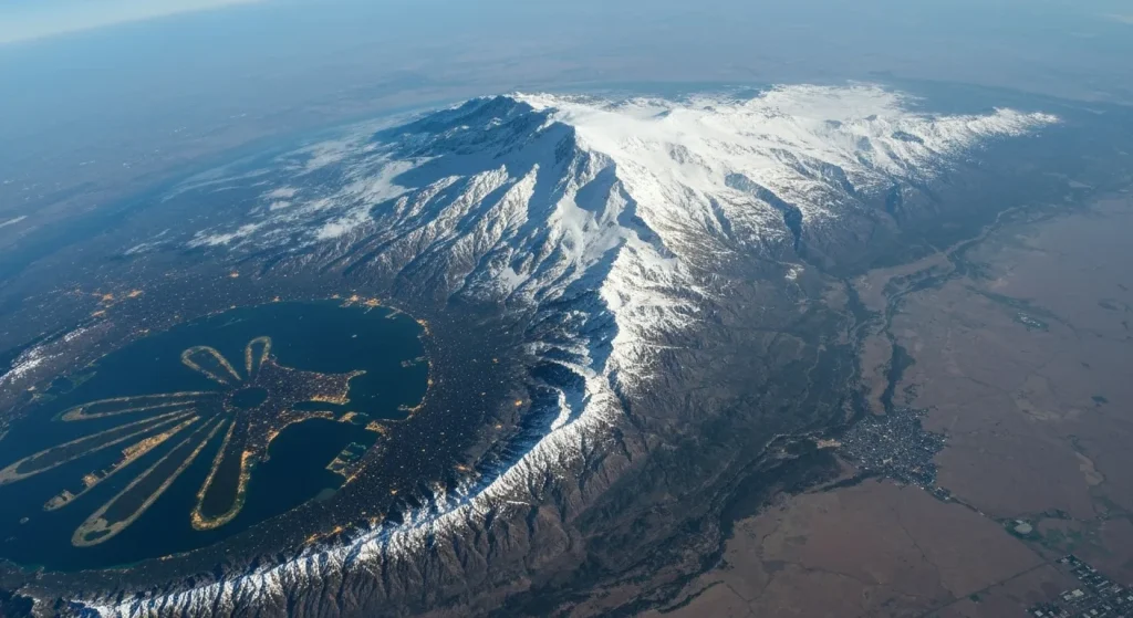 Imagini din satelit ale unor caracteristici geografice masive de pe Pământ, inclusiv munți, recifi de corali, orașe și forme de relief artificiale.