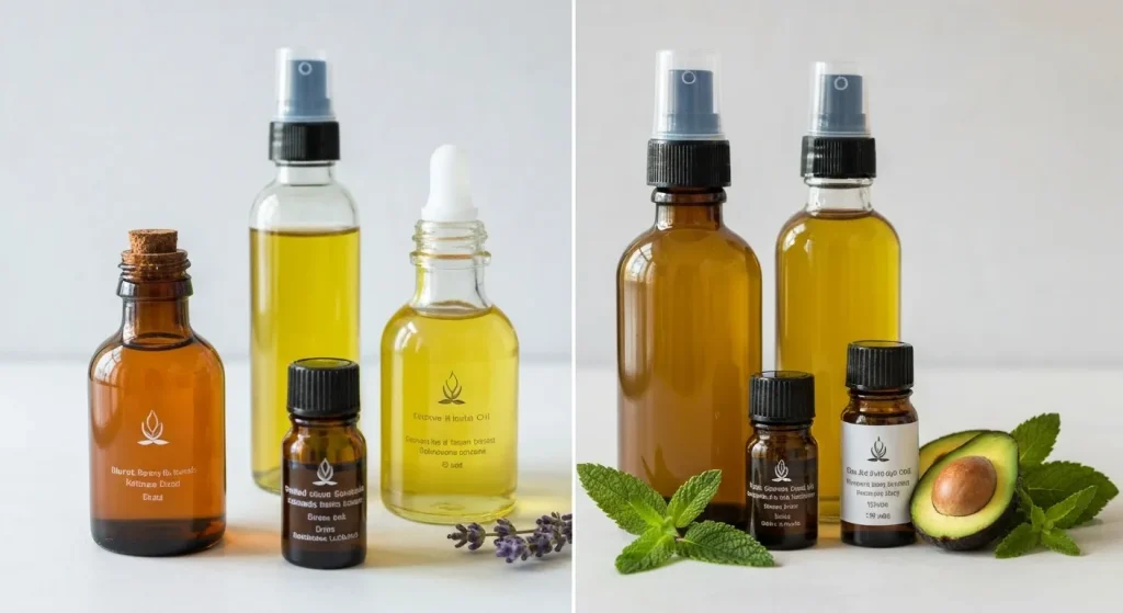 Diverse uleiuri naturale, precum ulei de jojoba, ulei de cocos și ulei de avocado, aranjate într-un recipient din sticlă.