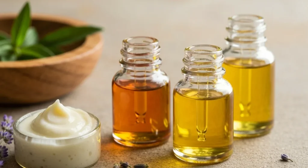 Un bol conține un amestec de uleiuri de jojoba, măceșe și uleiuri esențiale, gata de a fi turnat într-un recipient.