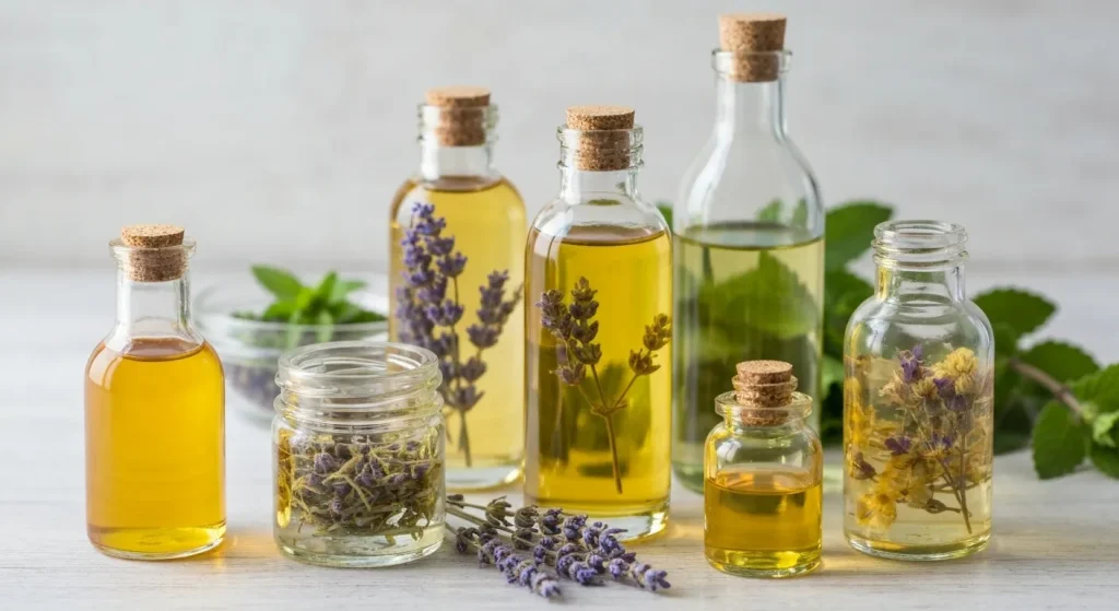 Uleiuri esențiale și ingrediente naturale într-un borcan de sticlă.