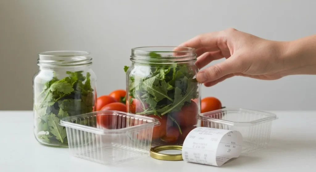 Un prim-plan cu borcane de sticlă cu legume proaspete, recipiente din plastic aruncate și o chitanță mototolită.