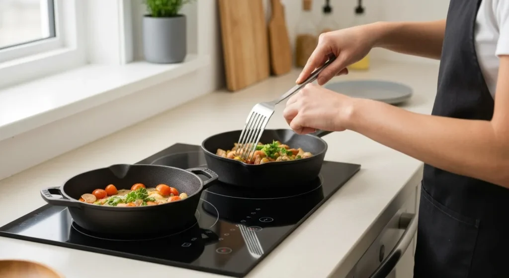 Ustensile de bucătărie durabile din oțel inoxidabil și fontă, pe o plită cu inducție, cu ingrediente proaspete alături.