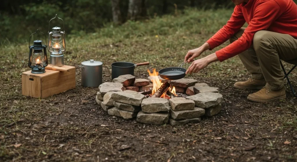 Un foc de tabără mic, construit din pietre, într-o zonă de camping izolată, cu un cort și ustensile de bucătărie reutilizabile vizibile în apropiere.