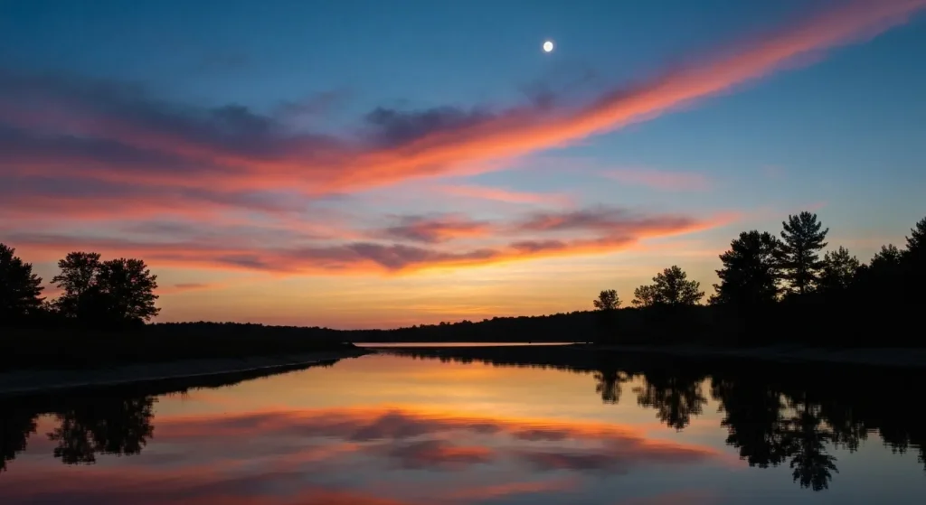 Un apus spectaculos cu cerul colorat, reflectat într-un lac, siluete de copaci pe mal.