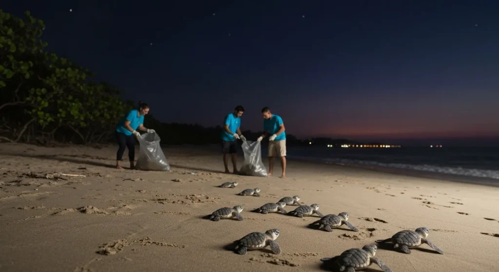 Curățenie pe o plajă, cu voluntari care adună gunoi, pentru a proteja cuiburile de țestoase marine.