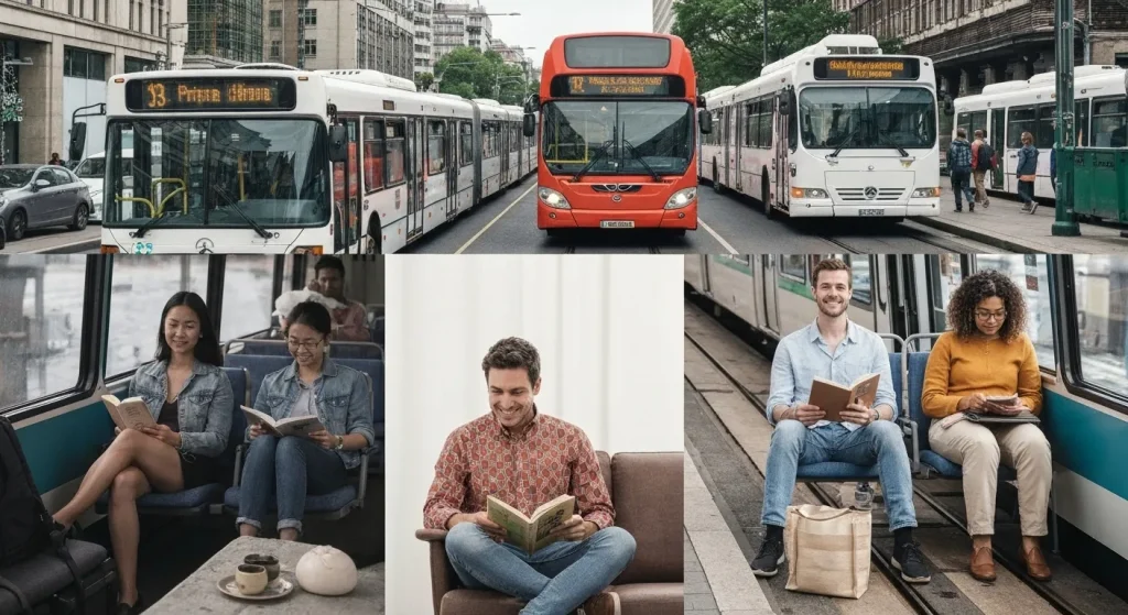 Diverse persoane folosesc diferite mijloace de transport public, cum ar fi autobuze, trenuri și bărci, într-o atmosferă relaxată și eficientă.