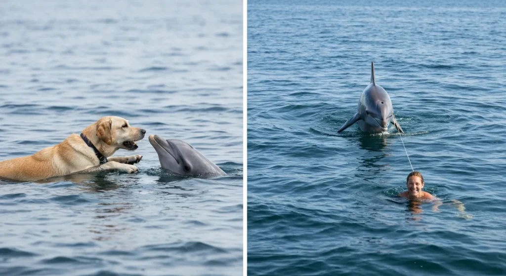 Un delfin sălbatic înoată alături de un câine Labrador alb.