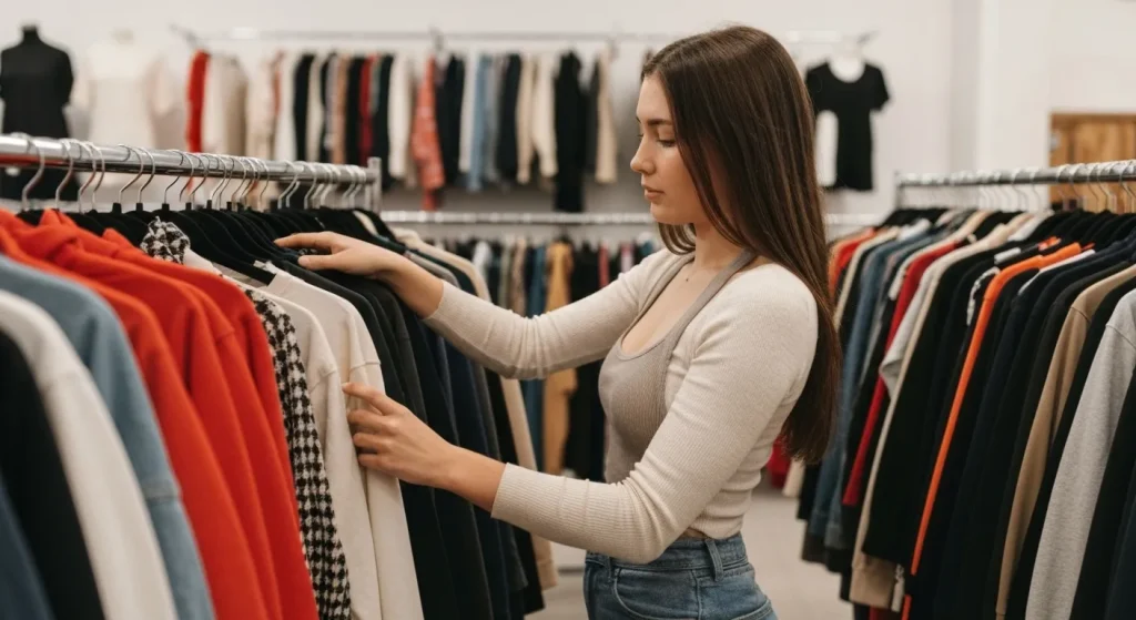 O femeie examinează cu atenție hainele de pe umerașele unui magazin second-hand.