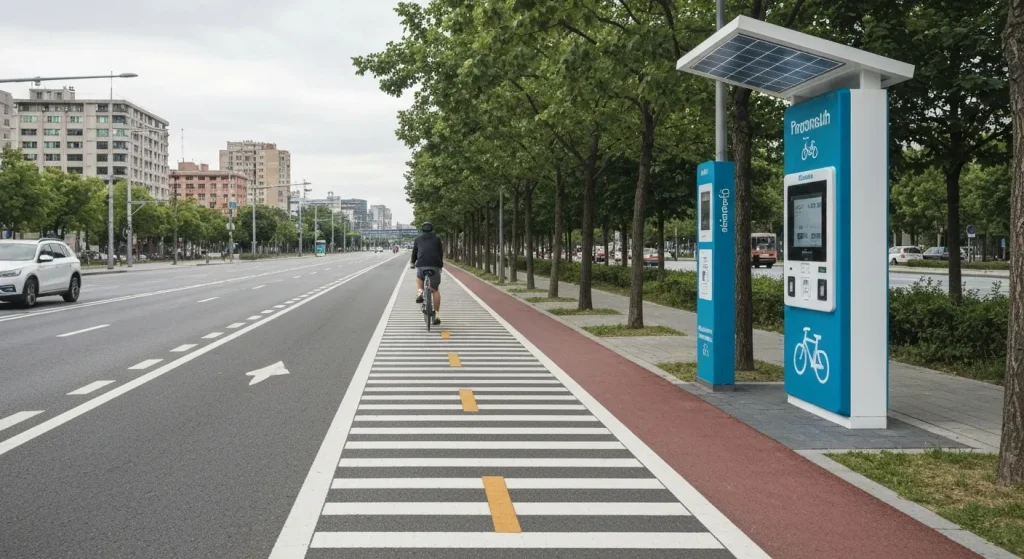 O pistă de biciclete dedicată, separată de traficul auto, cu chioșcuri solare pentru închirierea bicicletelor.