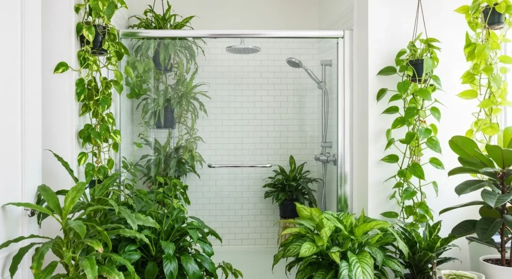 Diverse plante verzi, cu frunze lucioase, cresc înfloritoare într-o baie luminoasă.