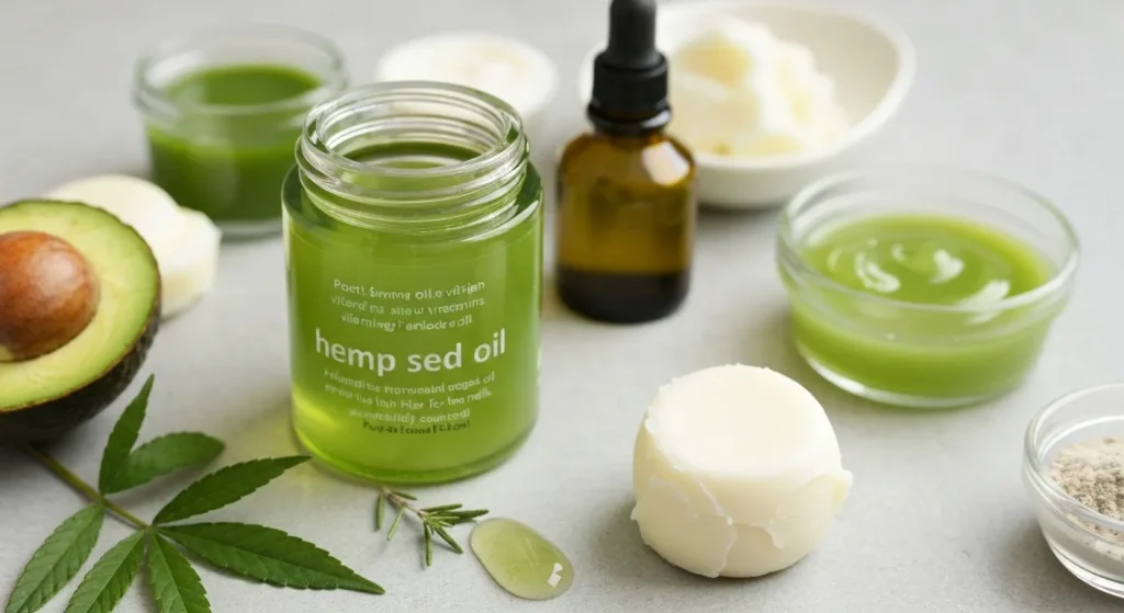Ulei de cânepă verde într-un recipient de sticlă, alături de alte ingrediente naturale precum avocado și unt de shea.