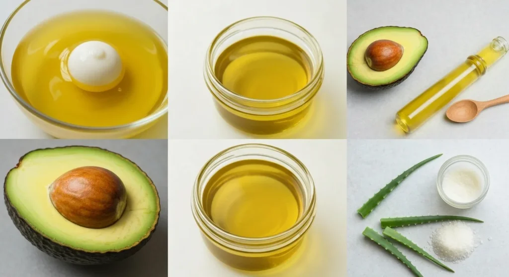 Un bol conține un amestec de ulei de avocado, ulei de cocos și gălbenuș de ou, pregătit pentru o mască de păr.
