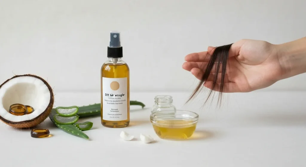 Sticlă cu pulverizator cu ingrediente naturale pentru descurcarea părului, alături de plante și uleiuri esențiale.