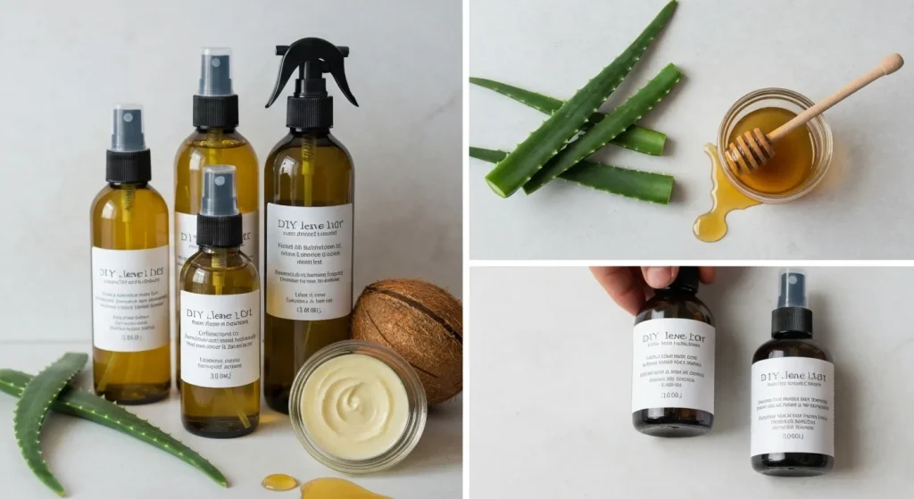 Diverse rețete de balsam de păr fără clătire, prezentate cu ingredientele și instrucțiunile de preparare.